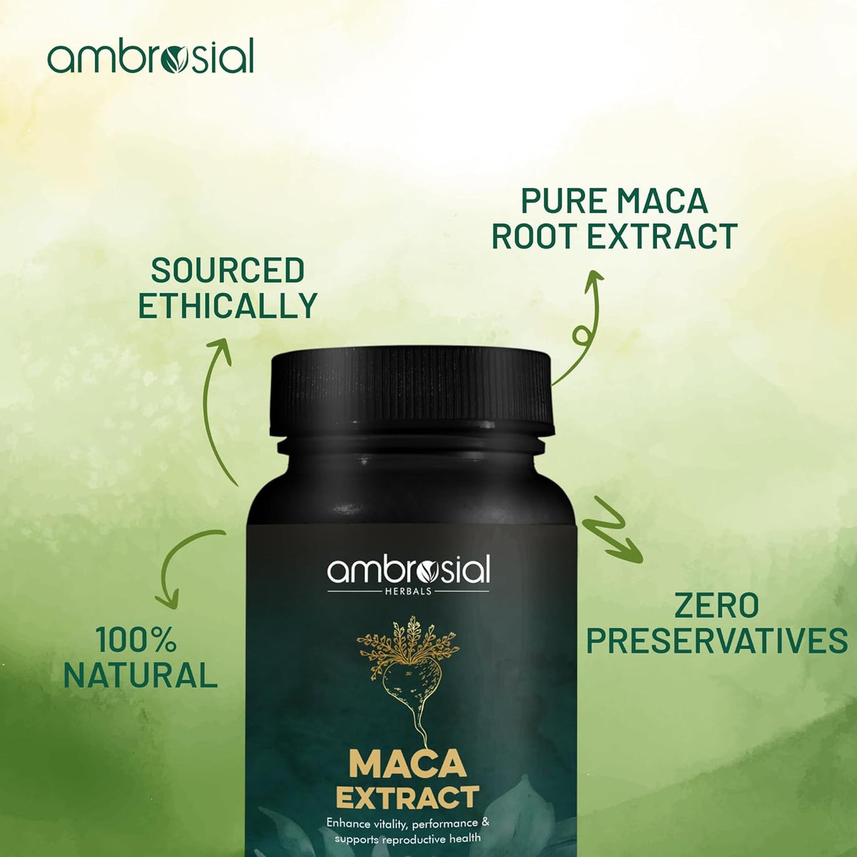 Maca extract bottle with ethical sourcing, pure maca root extract, zero preservatives, and 100% natural text on a green background.