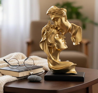 Love Couple Face Adventure Showpiece Statue Sculpture Figure for Home Decor Valentine Day Gift | Resin- 10" Inches (Golden)