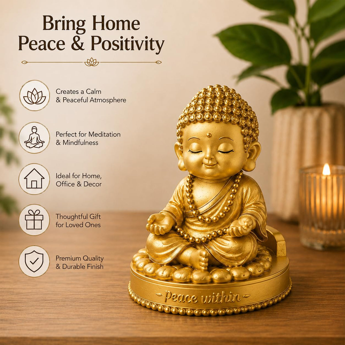 Golden Buddha Idol Statue for Home Decor (5 Inch) | Peace, Meditation & Mindfulness Showpiece | Car Dashboard, Office Desk & Gift Item (Gold)