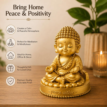 Golden Buddha Idol Statue for Home Decor (5 Inch) | Peace, Meditation & Mindfulness Showpiece | Car Dashboard, Office Desk & Gift Item (Gold)
