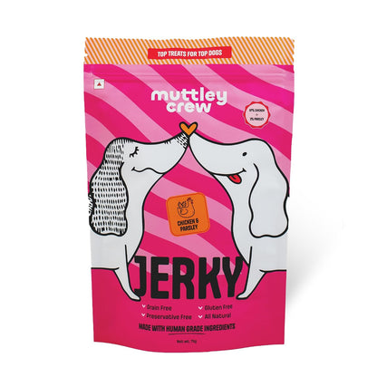 Muttley Crew Chicken & Parsley Dog Jerky with Real Lean Chicken Meat | Healthy Adult Dog Treats for Easy Digestion | All Natural, Grain-Free, Gluten-Free, No Preservatives, No Artificial Flavor (75g)