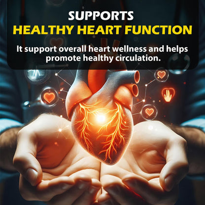 Heart with glowing network and hands holding it, text about heart health.