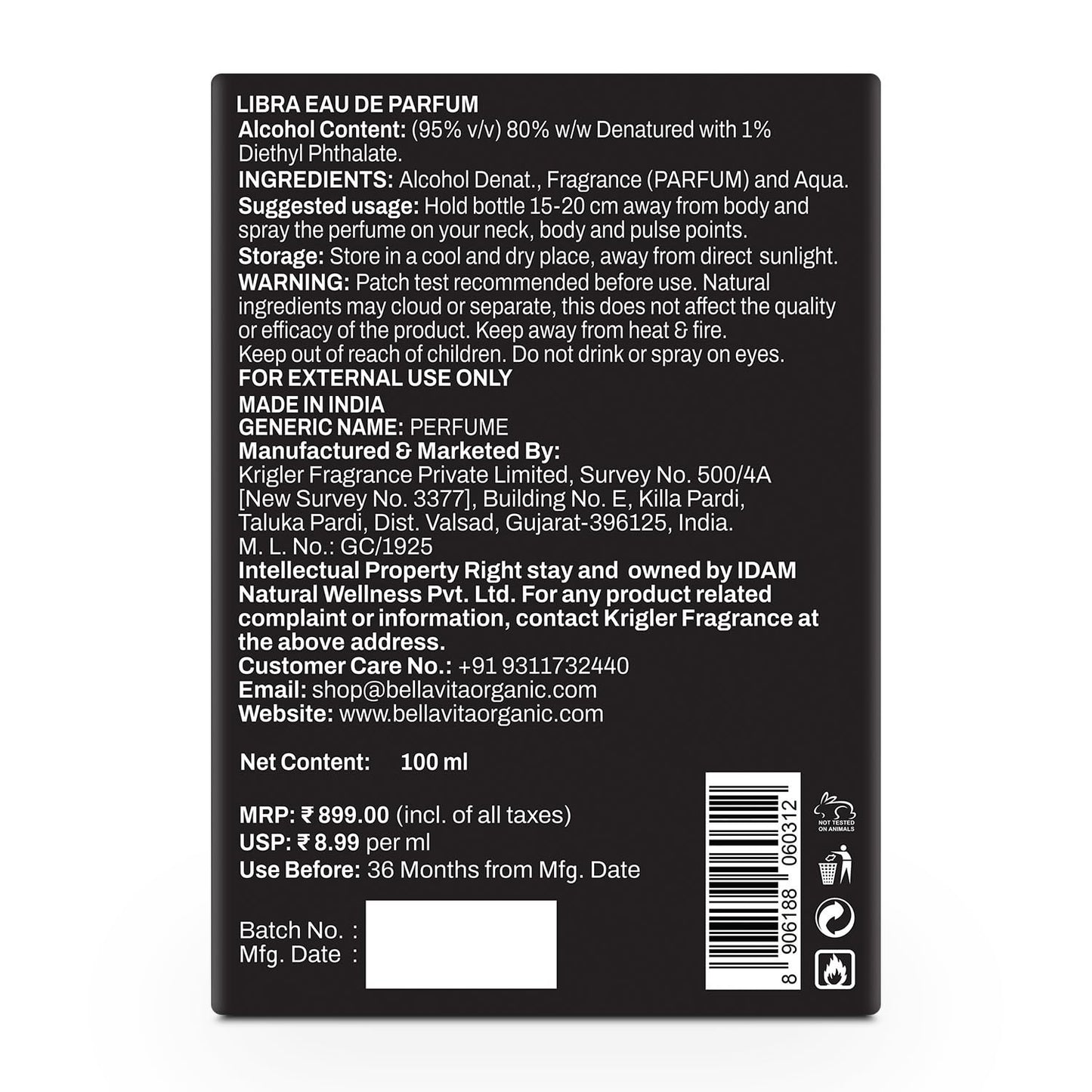 Back label of a Libra Eau de Parfum bottle with text and product details.
