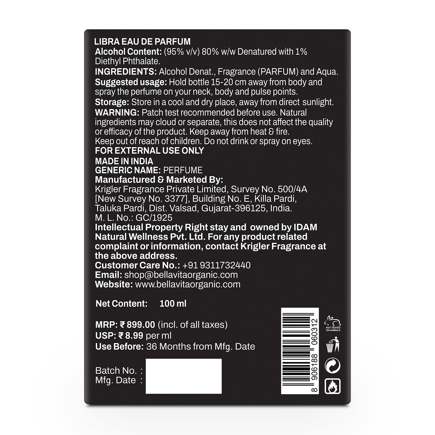 Back label of a Libra Eau de Parfum bottle with text and product details.