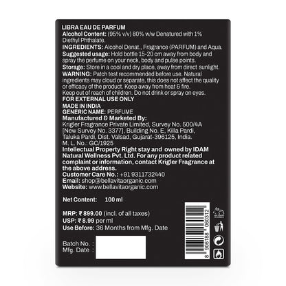 Back label of a Libra Eau de Parfum bottle with text and product details.