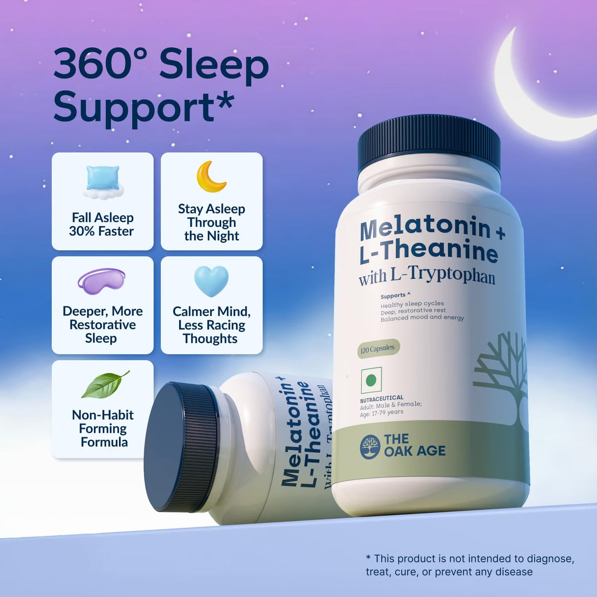 The Oak Age Sleep Supplement with Melatonin, L Tryptophan & L Theanine for 360° Support for Sleep Onset, Continuity, Recovery | Includes Vit B6, Helps Fall Asleep, Stay Asleep, Wake Rested-60 servings