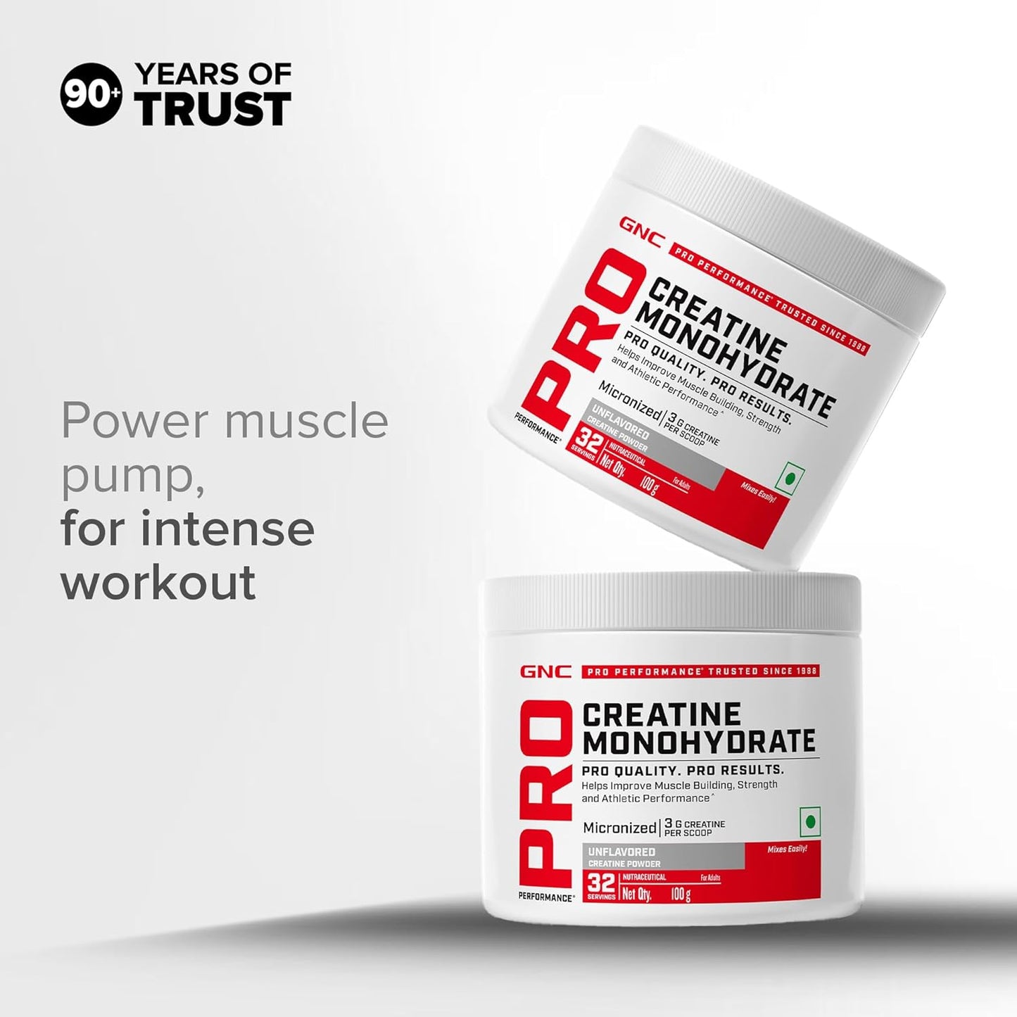 Two containers of GNC Pro Performance Creatine Monohydrate on a white background with text about muscle pump and intense workouts.