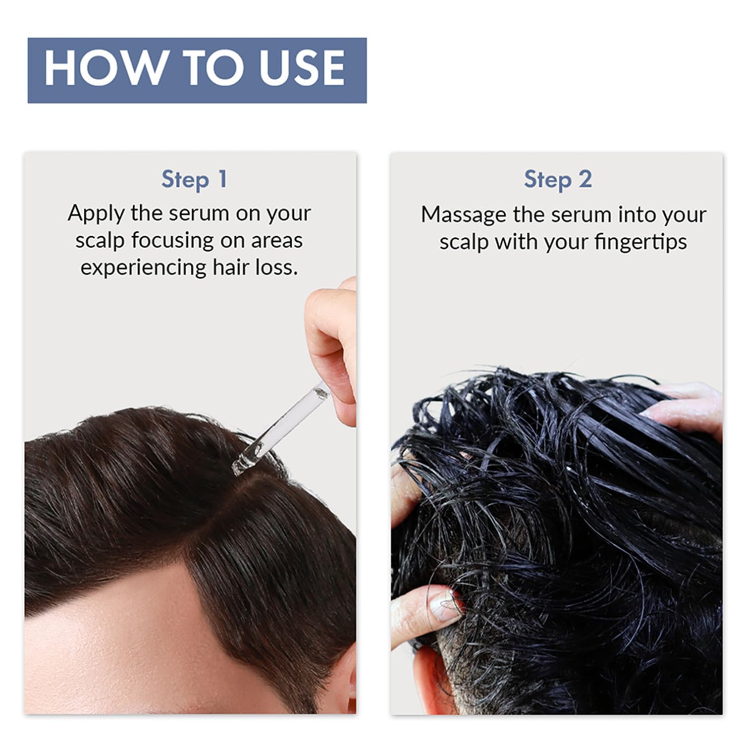 Instructions on how to use a hair serum with close-up images of application.