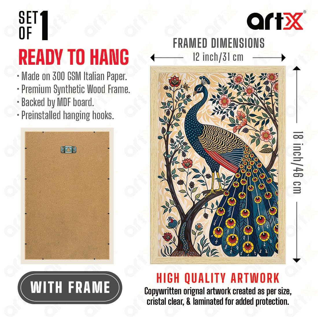 Peacock Painting For Wall Vastu with Frame for Home Decoration, Madhubani Painting for Living Room, 12.0 X 18.0 inches, Set Of 1