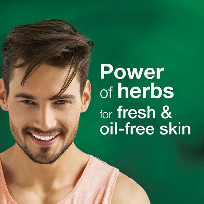 Man with a beard and pink tank top against a green background with text about herbs for fresh and oil-free skin.
