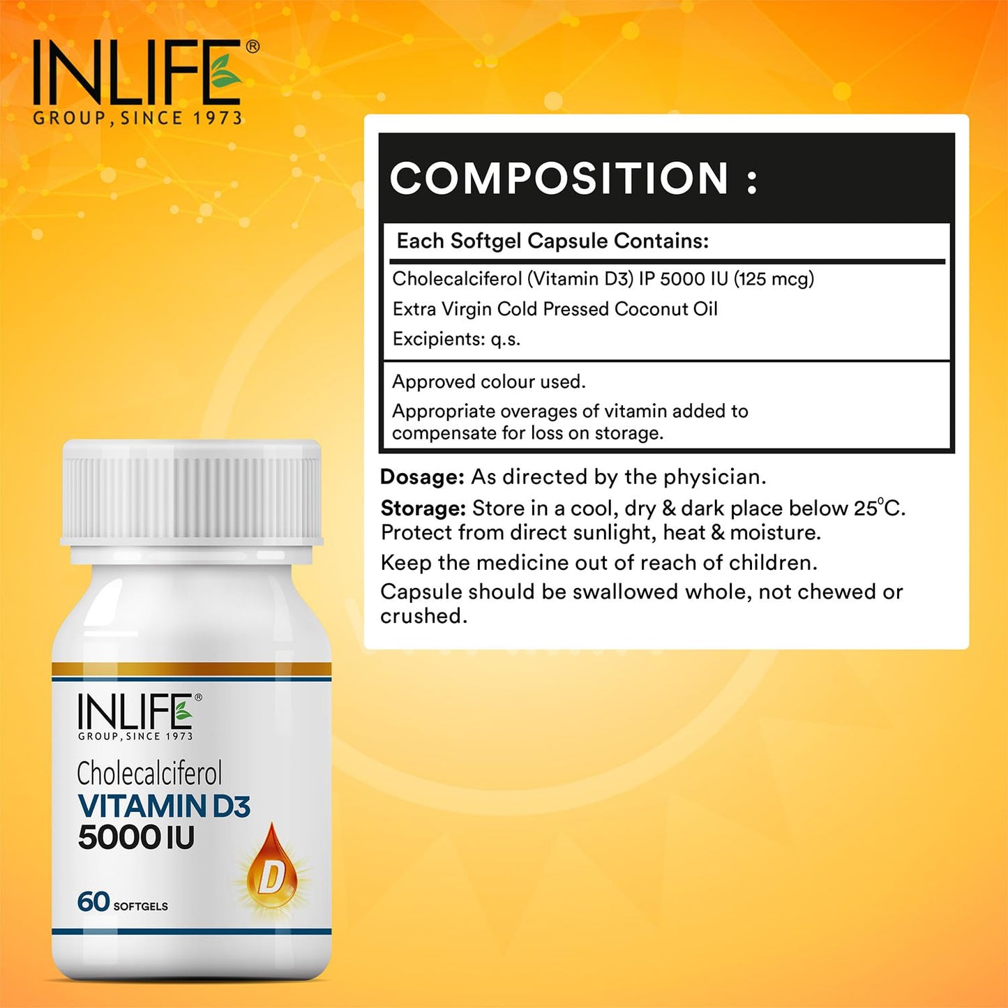 INLIFE Vitamin D3 5000 IU Cholecalciferol with Coconut Oil Supplement for Better Absorption, For Men & Women, Immunity, Bone Health, Muscles - 60 Softgels