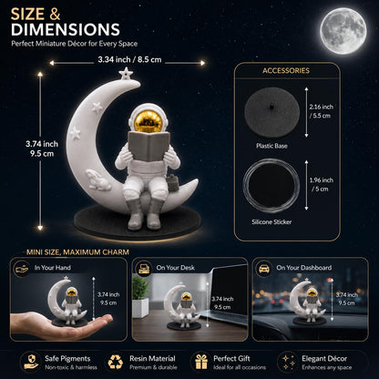 Astronaut Figurine Showpiece for Home Décor, Office Desk, Car Dashboard & Table Decoration | Space Astronaut Statue Collectible Gift for Home, Room & Workspace (Reading on Moon Golden)