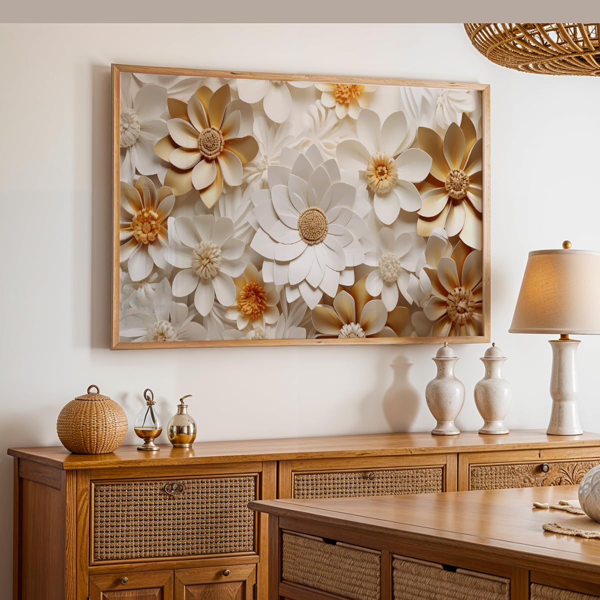 Floral Wall Painting with Frame Set of 1 | Premium White & Gold Flower Artwork, Luxury Textured Botanical Wall Decor for Living Room Bedroom Office Home Decoration (Art-10,13x19inch)