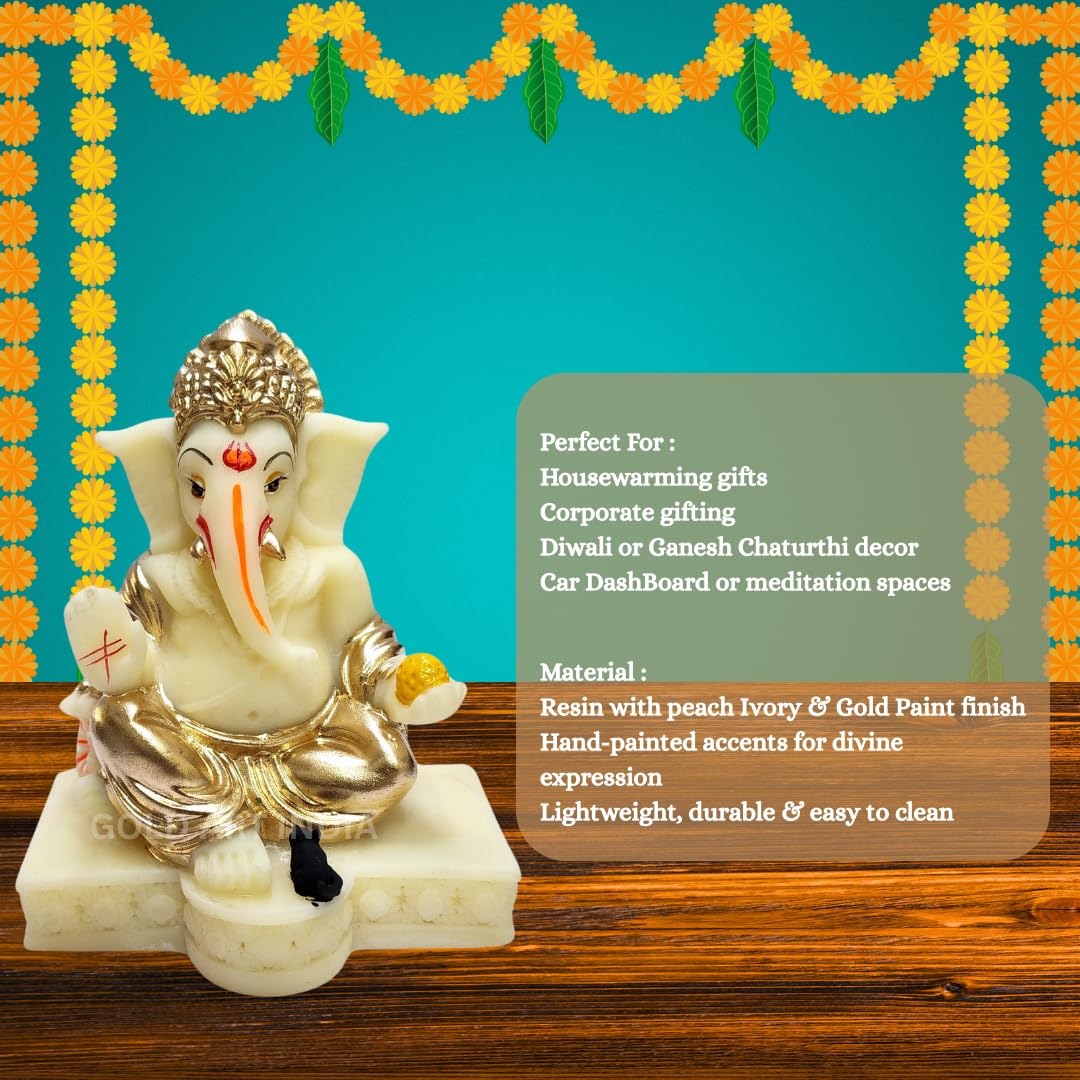 Gold Art India Gaddi Ganesha Idol for Home Decor | Peach Terracotta Finish with Gold Colour Mukut & Ornaments – 3.5 Inch Ganpati Statue for Car Dashboard, Home Decor, Puja, Office Desk