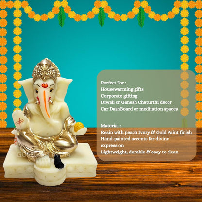 Gold Art India Gaddi Ganesha Idol for Home Decor | Peach Terracotta Finish with Gold Colour Mukut & Ornaments – 3.5 Inch Ganpati Statue for Car Dashboard, Home Decor, Puja, Office Desk