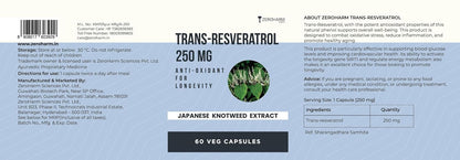 ZEROHARM Trans-Resveratrol Supplements | 250 mg Pure Resveratrol with Japanese Knotweed Extract - Support Immunity, Support Healthy Aging | Antioxidant Supplement For Men & Women | 60 Veg Capsules