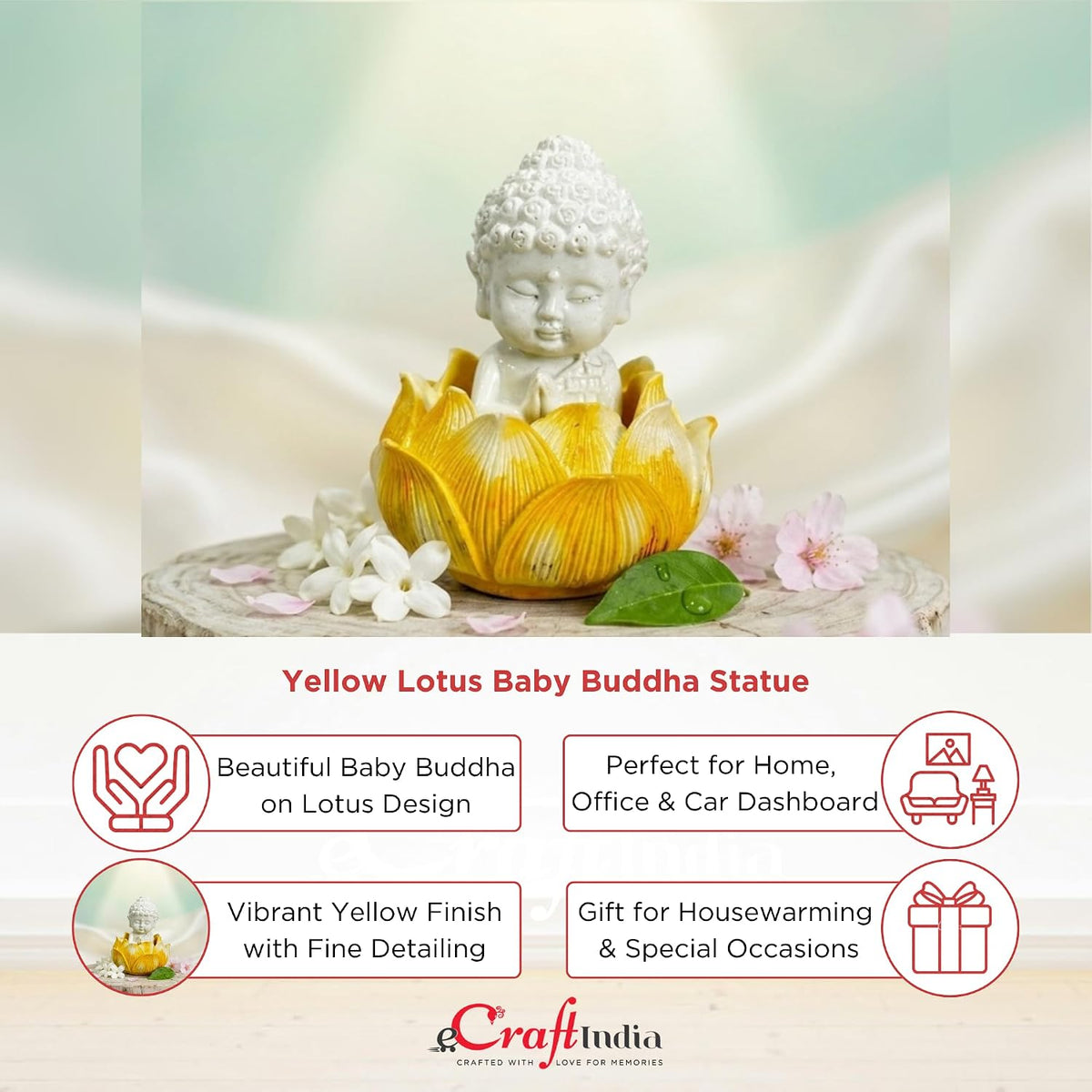 Yellow Lotus Baby Buddha Statue Showpiece for Home Décor | Living Room, Bedroom, Office & Car Dashboard