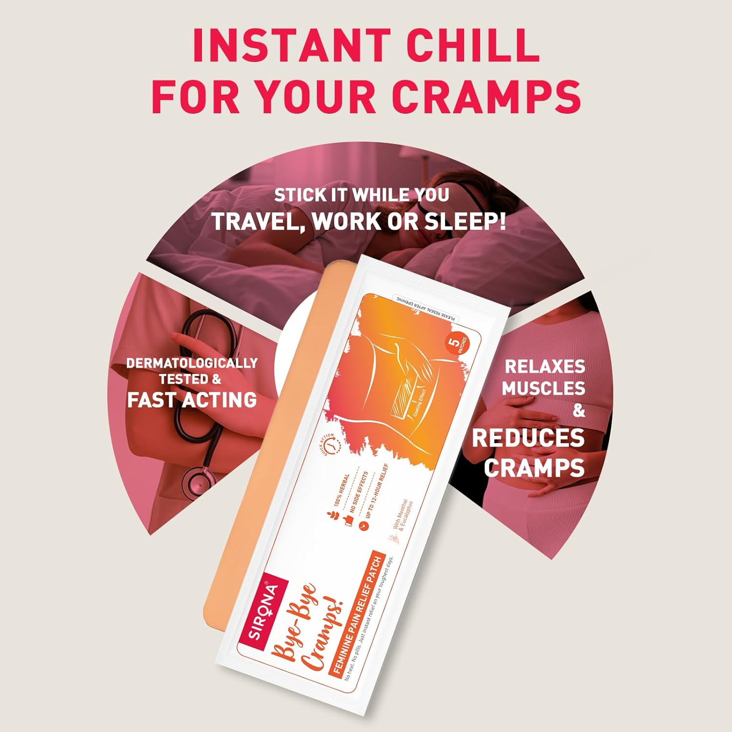 Product packaging for 'Instant Chill for Your Cramps' with text on a beige background