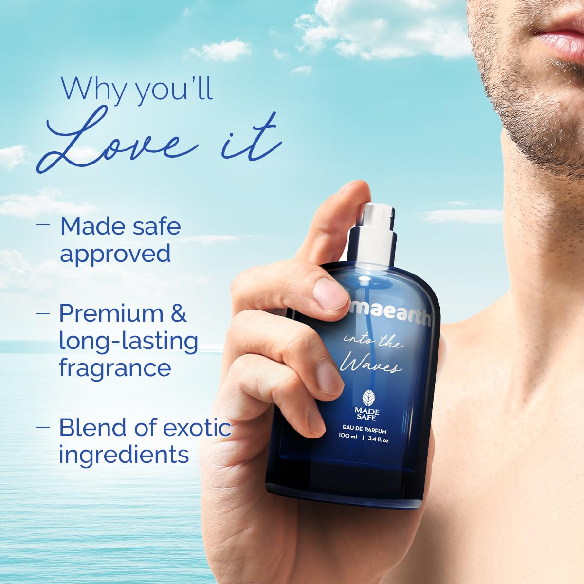 Mamaearth Into The Waves Liquid Eau De Parfum For Men-100 Ml|Made Safe Approved|Premium&Long-Lasting Fragrance|Blend Of Exotic Ingredients|Perfume With Bergamot,Aquatic&Musk Notes|Fresh Scent For Men