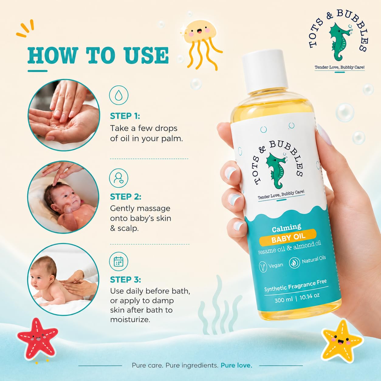 Tots & Bubbles 100% Natural Baby Massage Oil | Almond, Olive & Mustard Oil Blend for Skin & Hair | Lightweight, Non-Sticky & Gentle for Newborn – 300 ml