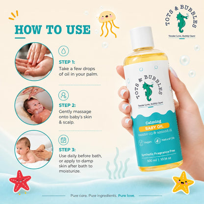 Tots & Bubbles 100% Natural Baby Massage Oil | Almond, Olive & Mustard Oil Blend for Skin & Hair | Lightweight, Non-Sticky & Gentle for Newborn – 300 ml
