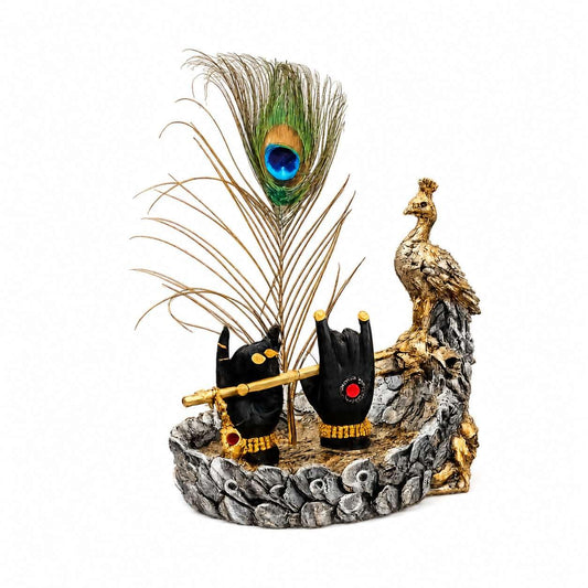 THE SACRED GIFTS Mor Krishna Hand Showpiece with Peacock Feather & Golden Peacock | Spiritual Home Décor for Living Room, Office, Temple | Ideal Gift for Janmashtami & Diwali
