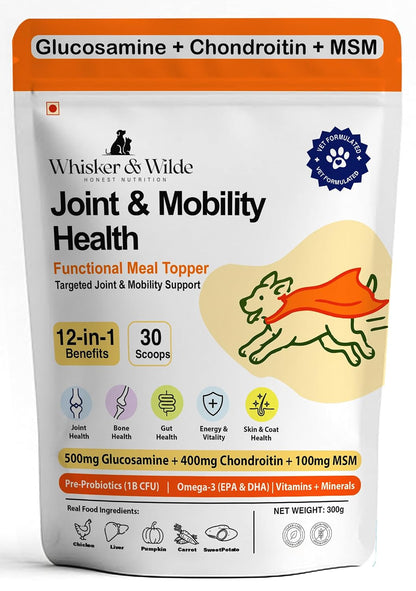 Whisker and Wilde Dog Joint and Mobility Supplement | 500mg Glucosamine for Dogs | Cartilage Support, Hip and Joint Health, Stiffness and Mobility | Chondroitin, MSM, Omega-3 | 300g