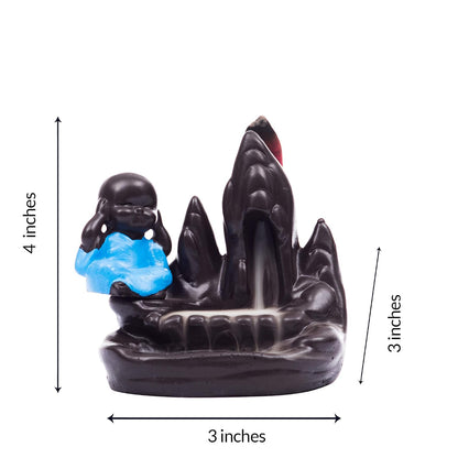 eCraftIndia Meditating Monk Buddha Smoke Fountain with 10 Backflow Cone Decorative Incense Holder, Brown, Blue