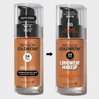 Revlon Liquid Foundation, ColorStay Face Makeup for Combination & Oily Skin, SPF 15, Medium-Full Coverage with Matte Finish, Golden Caramel, 30 ml