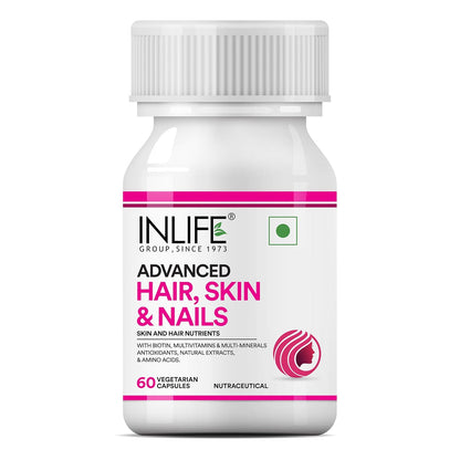 INLIFE Advanced Hair Skin & Nails Supplement with Biotin, Multivitamin Minerals, Amino Acids for Hair Care - 60 Vegetarian Capsules