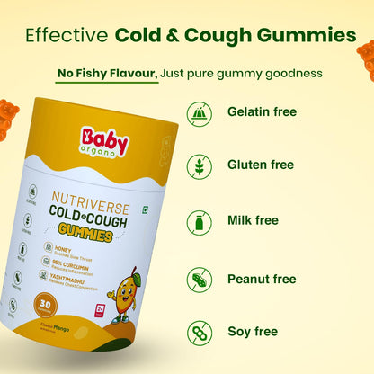 BabyOrgano Cough & Cold Relief Gummies for Kids 2+ Years | Yashtimadhu, 95% Curcumin, Ginger & Honey | Non-Drowsy Ayurvedic | Gelatin Free Gluten Free | Mango Flavour | 30 Gummies