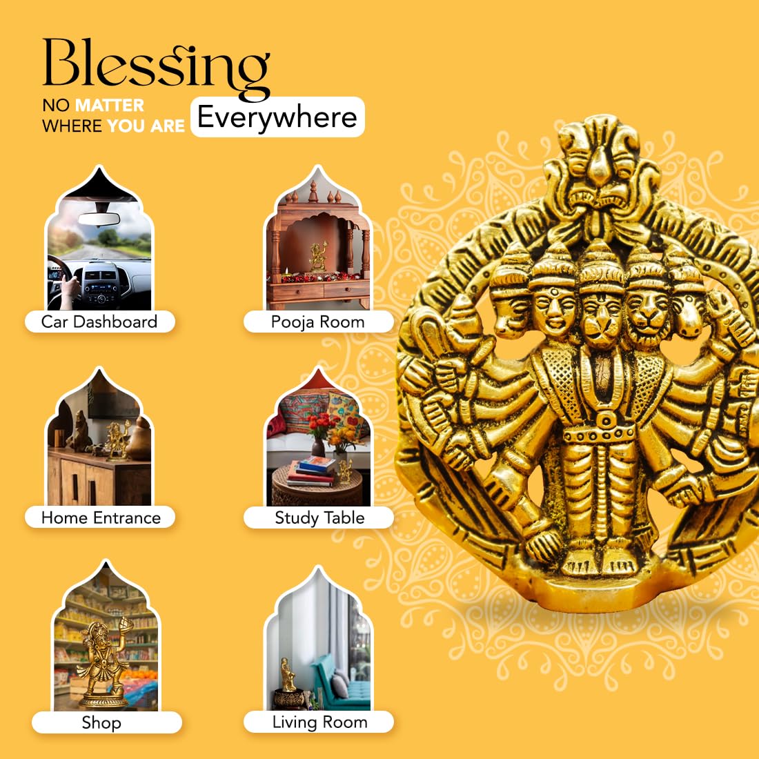 100% Pure Brass Panchmukhi Hanuman (Size: 10 cm) | Panchmukhi Hanuman Murti for Door Entrance | Panch Mukhi Hanuman Ji for Wall | Vastu Protection from Evil Eye