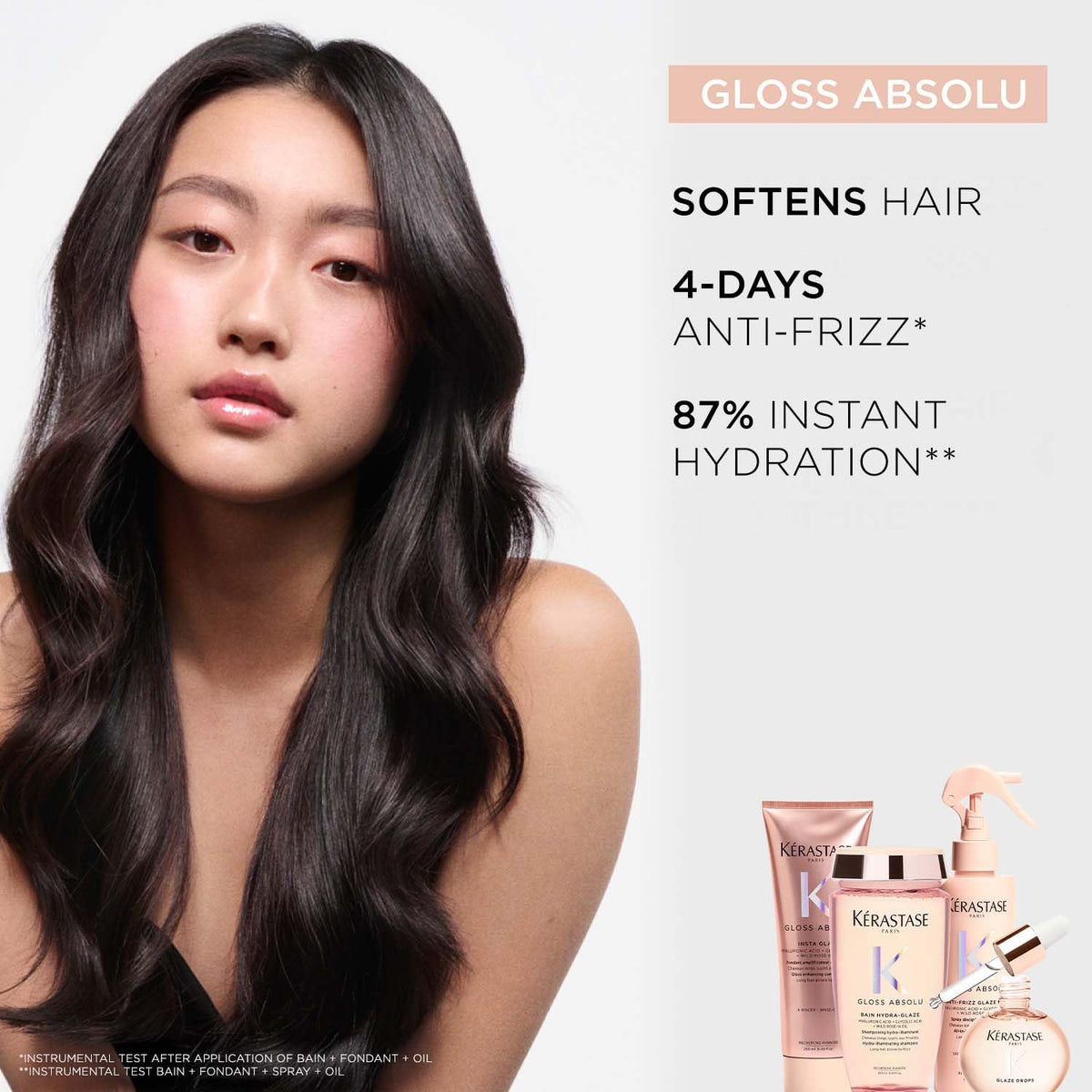 Woman with long, wavy hair next to K?rastase hair care products with product features listed.