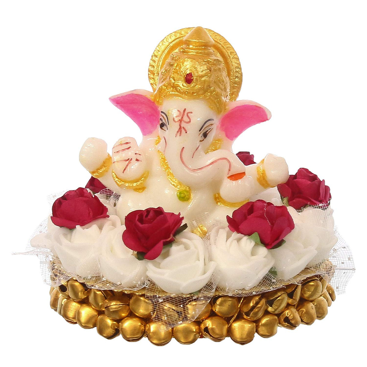 Lord Ganesha Idol on Decorative Handcrafted Plate with White Flowers