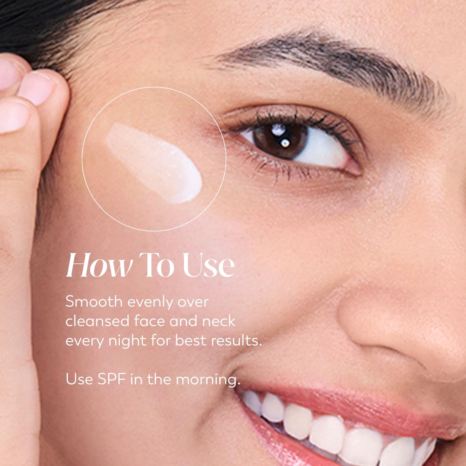 Close-up of a woman's face with skincare product application instructions.