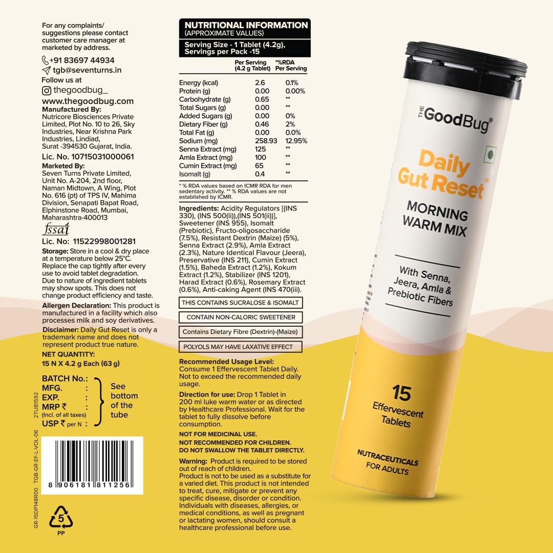 The Good Bug Gut Reset Morning Warm Mix | Effervescent Tablets with Ayurvedic ingredients & Prebiotic Fibres | Supports Regular Bowels, Eases Bloating & Digestive Comfort | 15 Tablets