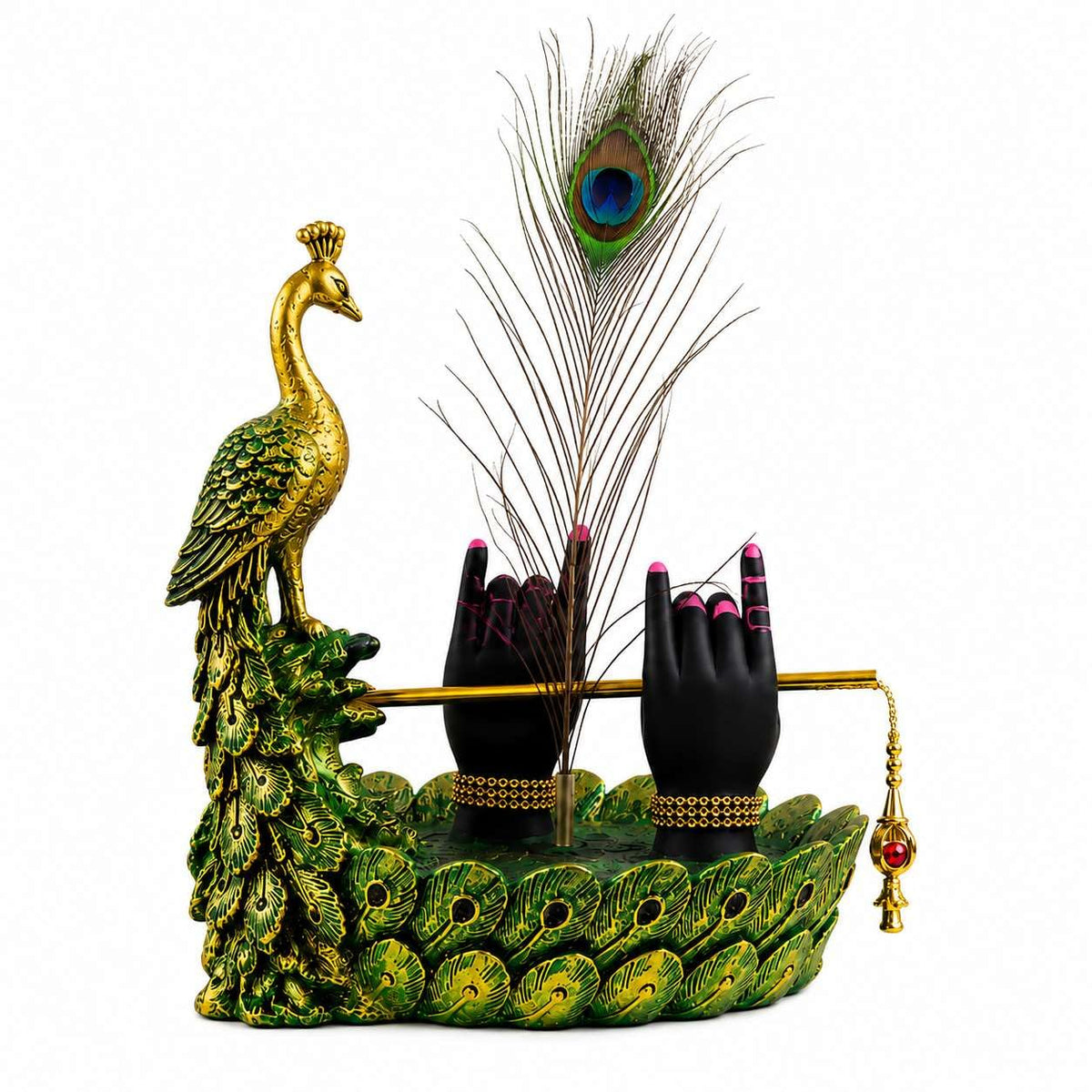 Krishna Hand Mor Pankh Showpiece for Home Decor, Lord Krishna Decorative Statue with Peacock Feather & Flute Design, Spiritual Idol for Living Room, Pooja & Gifting (Green, 22cm)