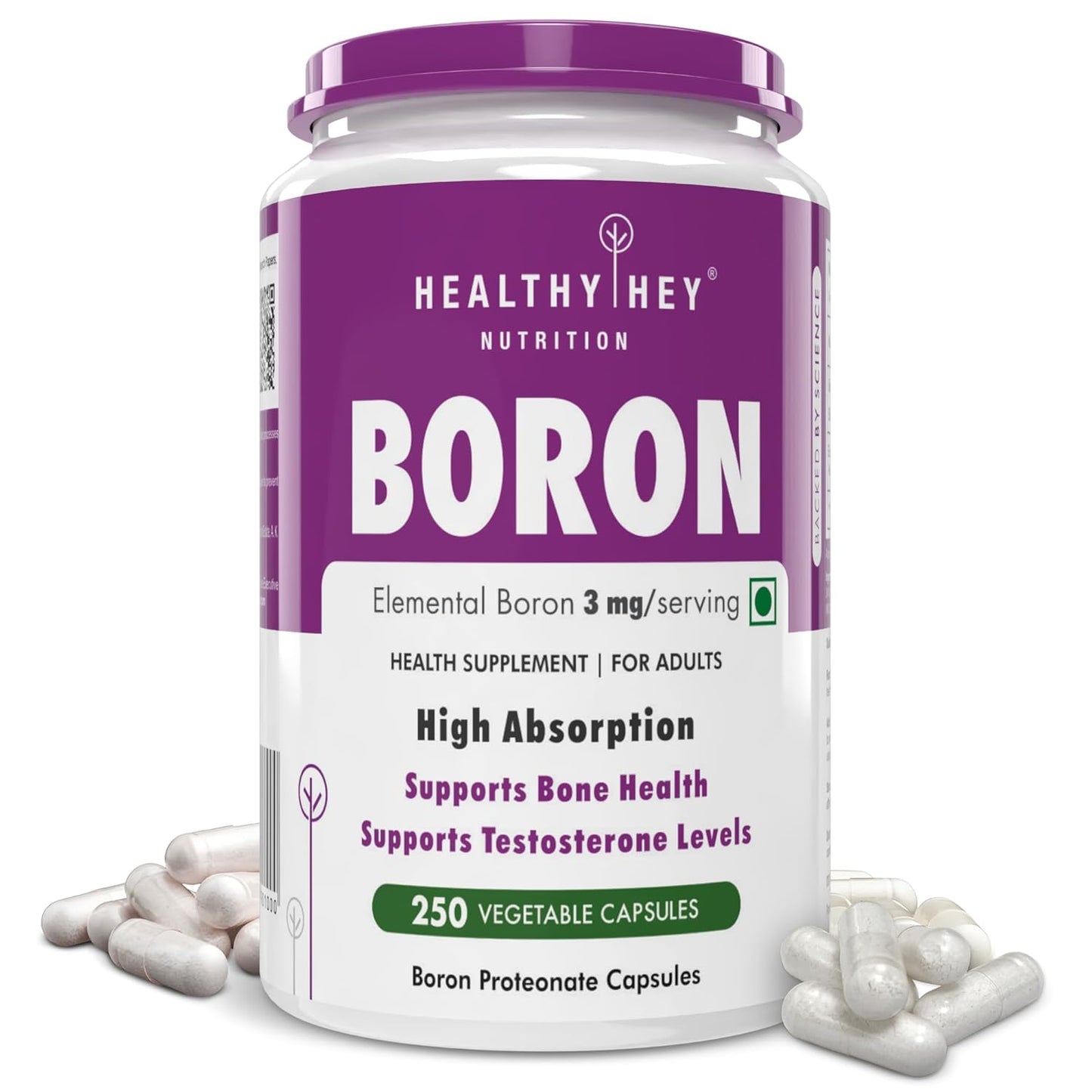 Boron supplement container with purple and white label on a white background