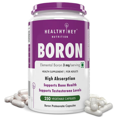Boron supplement container with purple and white label on a white background