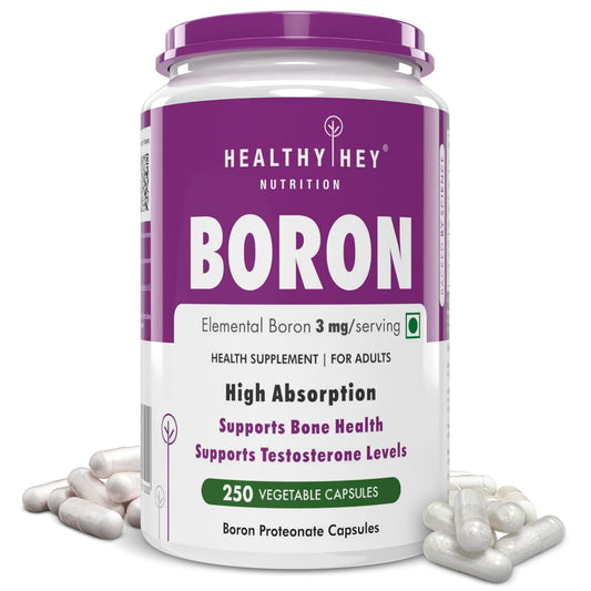 Boron supplement container with purple and white label on a white background