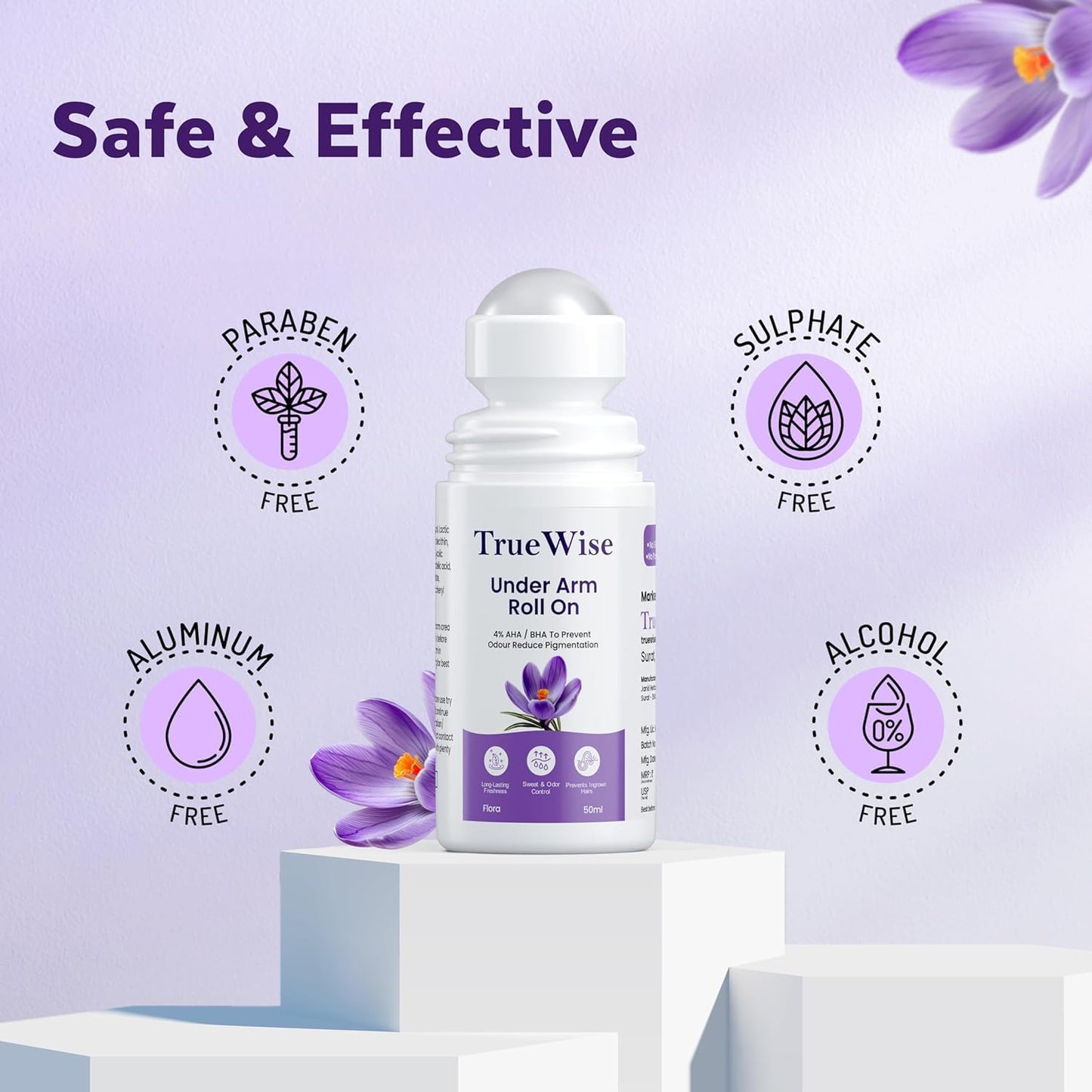 Truewise Underarm Roll On 50ml, 4% Aha Bha,2% Lactic Acid, 1% Mandelic Acid, 1% Salicylic Acid, Controls Odour & Reduces Pigmentation, 0% Aluminium & 0% Alcohol, Long Lasting Flora Fragrance