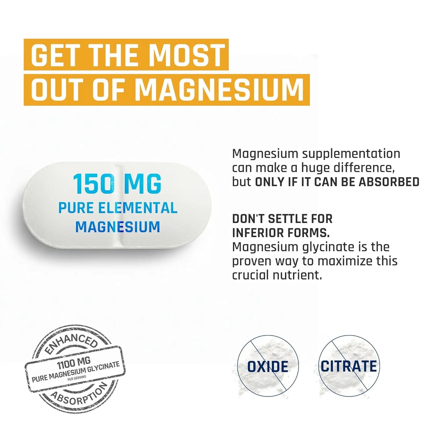 Naturaltein Magnesium Glycinate 1100mg (150mg Elemental) | Chelated High Absorption Magnesium | Supports Sleep Quality & Normal Muscle Function | Glyphosate Tested | 30 Tablets