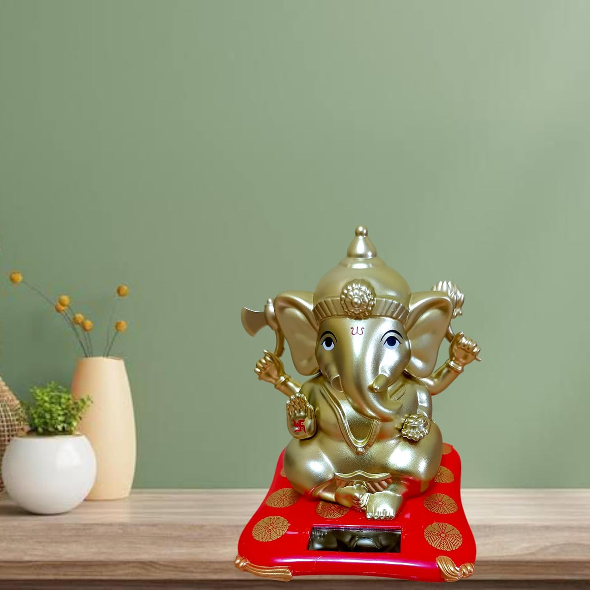 Solar Powered Hand Moving Ganesha Ganesh Ganpati Gajanan Statue Idol Murti Gift Item Decorative Showpiece Multicolor Polyresin Pack of 1 (B280)
