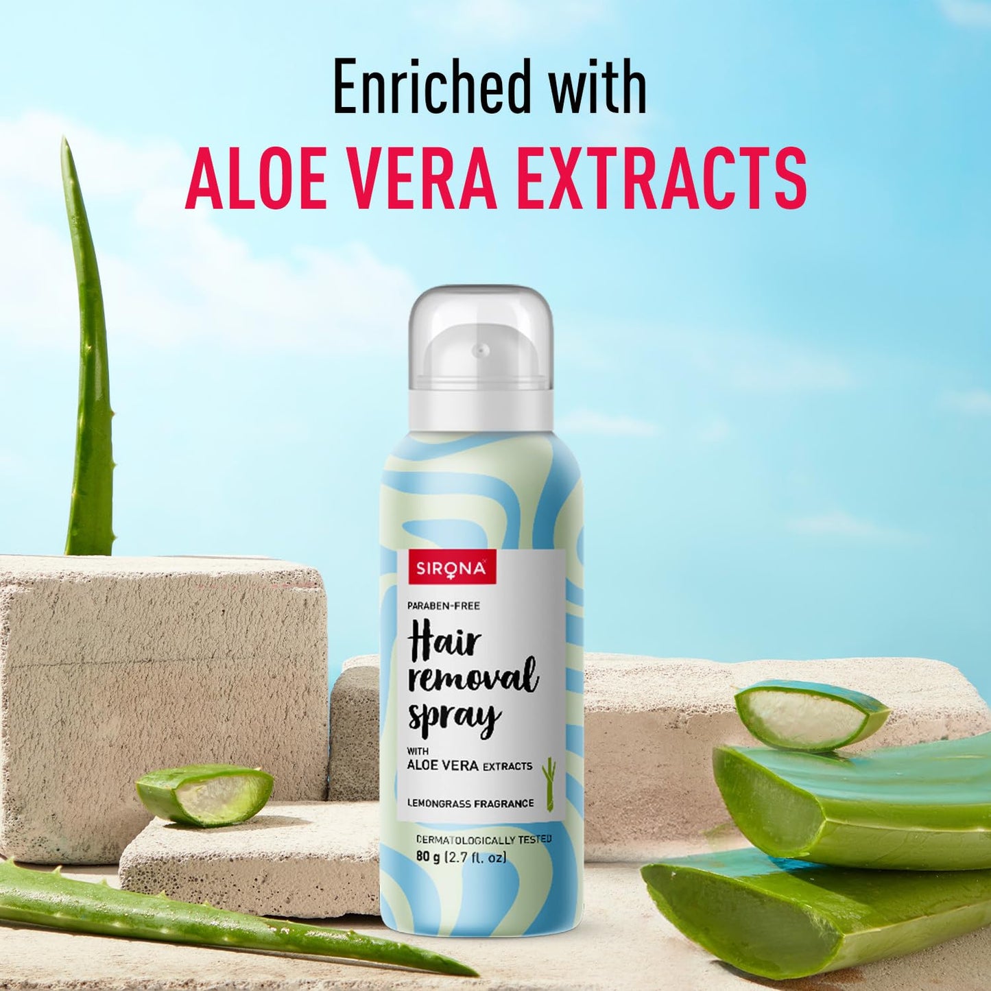 Hair removal spray enriched with aloe vera extracts on a natural background with aloe vera leaves.