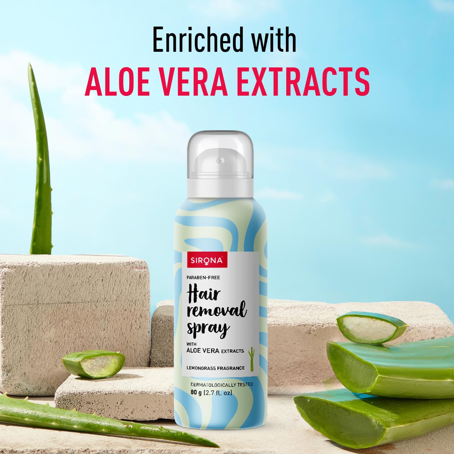 Hair removal spray enriched with aloe vera extracts on a natural background with aloe vera leaves.