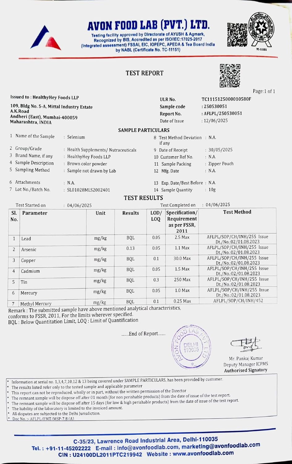 Test report from Avon Food Lab Pvt. Ltd. with various test results and certification logos.