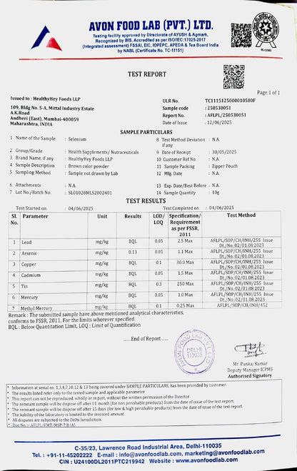 Test report from Avon Food Lab Pvt. Ltd. with various test results and certification logos.