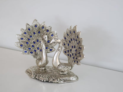 Double Peacock Metal Statue, Lovers Peacock Couple, Animal Showpiece Figurines, Feng Shui as Table Top Figurine for Living Room, Office, Bedroom, Decorative (Silver)