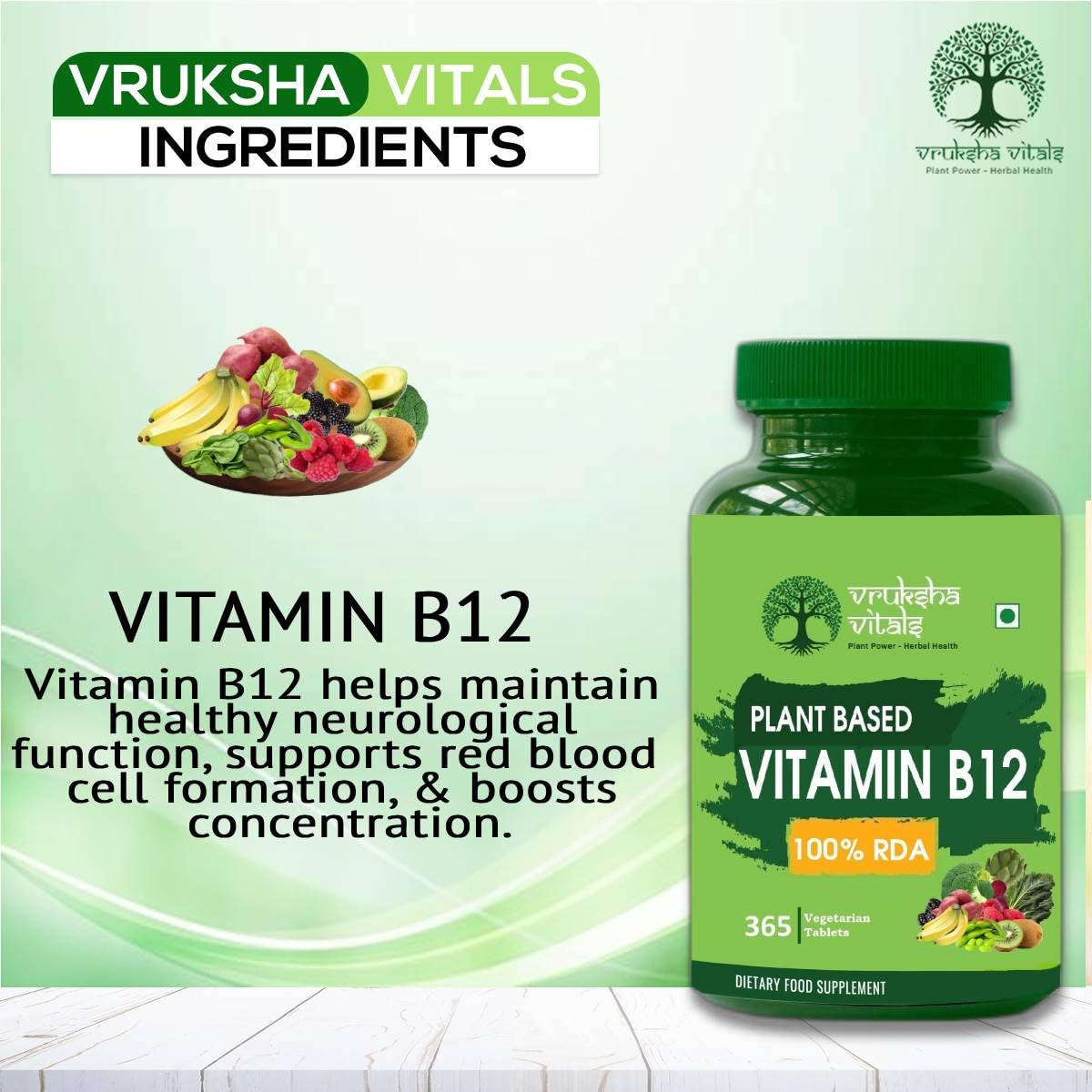 Vruksha Vitals Vitamin B12-100% RDA [LAB TESTED - COA] 365 Tablets/Capsules Supplements - Plant Based Methylcobalamine/Mecobalamine Supplement