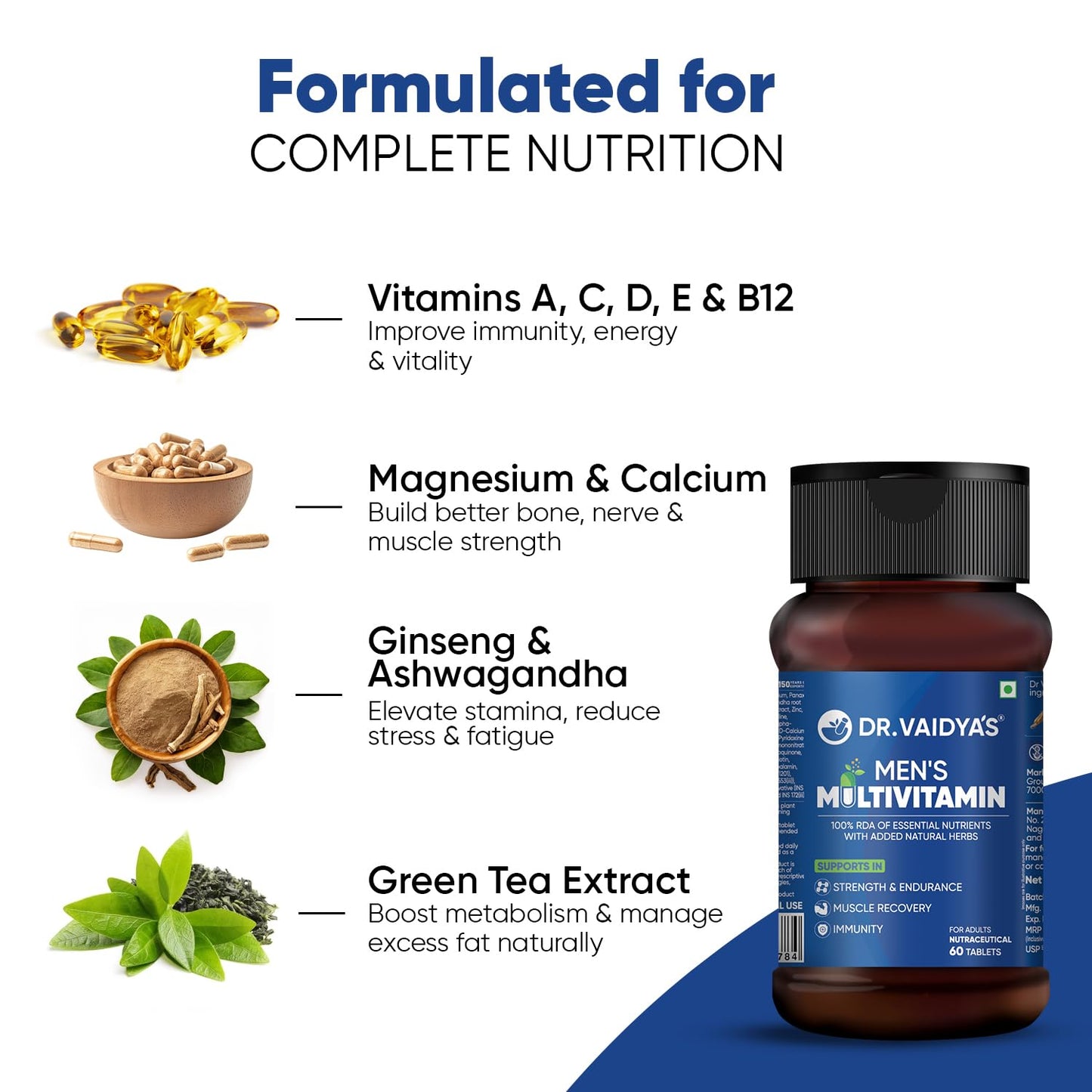 Dr. Vaidya’s Men’s Multivitamin Tablet | Natural Multivitamin for Men Enriched with Ayurvedic Herbs | Goodness of Vitamin C tablets, Vitamin D, Calcium, Vitamin D3, and Magnesium Supplement | 60 Tablets